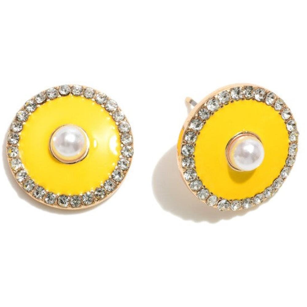 Yellow Enamel Stud Earrings | Pearl & Rhinestone Accents | Gold Tone